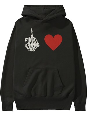Ankhises Kalp ve Parmak Ön Baskılı Siyah Oversize Kapüşonlu Sweatshirt Erkek Kadın