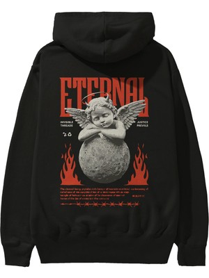 Ankhises Eternal Arka Baskılı Siyah Oversize Kapüşonlu Sweatshirt Erkek Kadın