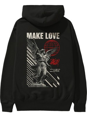Ankhises Make Love Arka Baskılı Siyah Oversize Kapüşonlu Sweatshirt Erkek Kadın
