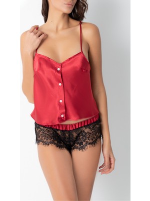 Zenches Kadın Dekolteli Güpür Detaylı Kısa Saten Şortlu Gecelik