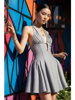 Fashion Cocktail Siyah Kartaneli Simli Askılı Bağlamalı Göğüs Pileli Kabarık Tütü Beli Saran Fit Süper Mini Elbise