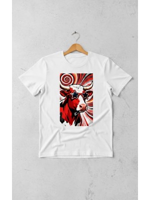 Texrium Yıldız Gözlüklü Retro Boğa Baskılı %100 Pamuk Tasarım Unisex T-Shirt