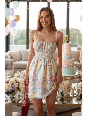 Fashion Cocktail Çift Sırt Bantlı Bağlamalı Kabarık Pastel Renkli Mini Sevimli Yazlık Tütü Elbise