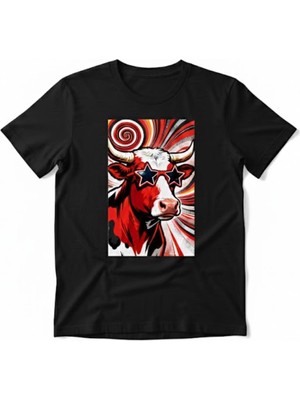 Texrium Yıldız Gözlüklü Retro Boğa Baskılı %100 Pamuk Tasarım Unisex T-Shirt