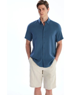 LC Waikiki Petrol Regular Fit Kısa Kollu Keten Görünümlü Erkek Gömlek