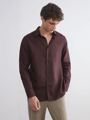 LC Waikiki Kahverengi Regular Fit Uzun Kollu Keten Erkek Gömlek