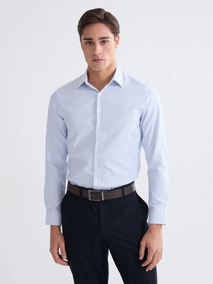 LC Waikiki Mavi Slim Fit Çizgili Gabardin Erkek Gömlek