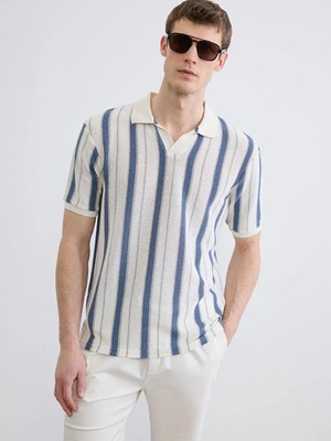 LC Waikiki Indigo Polo Yaka Çizgili Havlu Kumaş Erkek Tişört