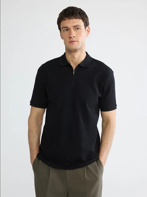 LC Waikiki Siyah Polo Yaka Fitilli Erkek Triko Tişört