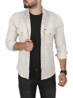 Rizzup Erkek Bej Büyük Beden Pamuklu Likralı Spor Gömlek – Dar Kalıp, Çıt Çıt Kapamalı 2500423