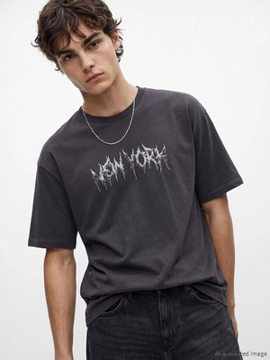 LC Waikiki Antrasit Bisiklet Yaka New York Baskılı Erkek Tişört
