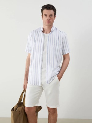 LC Waikiki Mavi Regular Fit Kısa Kollu Keten Erkek Gömlek