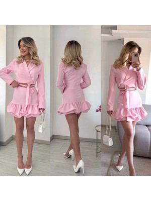 Veralya Kadın Manşet Yaka Detay Göbek Bağcıklı Ceket ve Volanlı Etek Takım