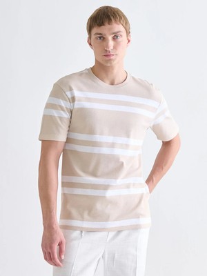 LC Waikiki Bej Bisiklet Yaka Çizgili Penye Erkek Tişört