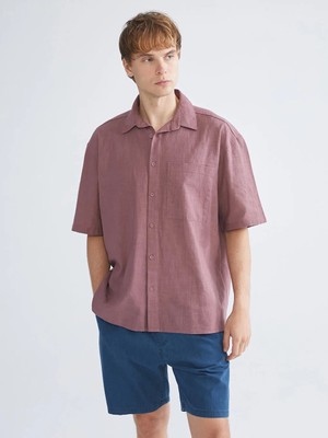 LC Waikiki Pembe Rahat Kalıp Kısa Kollu Keten Görünümlü Erkek Gömlek