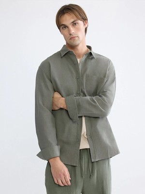 LC Waikiki Haki Regular Fit Erkek Keten Görünümlü Gömlek