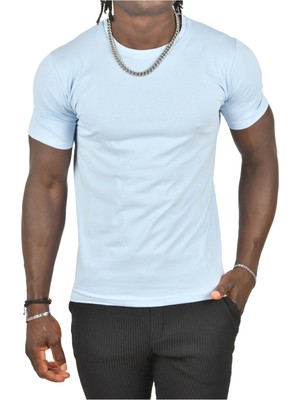 Rizzup Erkek/unisex Açık Mavi Slim Fit Dar Kesim Bisiklet Yaka Pamuklu Likralı Basic Tişört 1801131