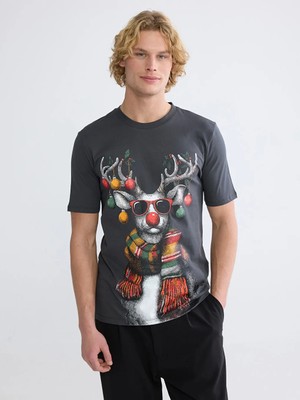 LC Waikiki Antrasit Bisiklet Yaka Yılbaşı Temalı Erkek Tişört