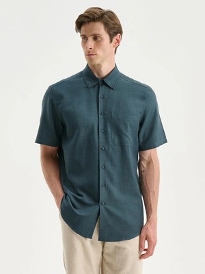 LC Waikiki Petrol Regular Fit Kısa Kollu Keten Görünümlü Erkek Gömlek