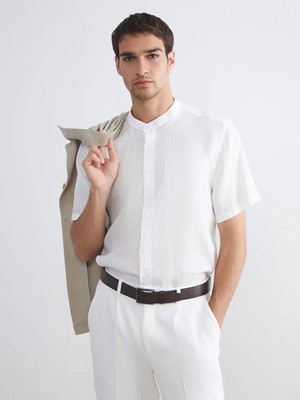 LC Waikiki Ekru Regular Fit Hakim Yaka Kısa Kollu Keten Erkek Gömlek