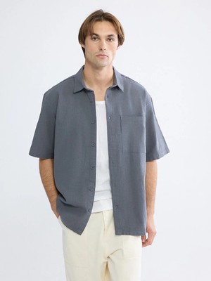 LC Waikiki Gri Loose Fit Keten Görünümlü Erkek Gömlek