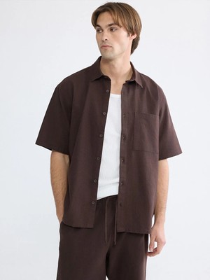 LC Waikiki Kahverengi Loose Fit Keten Görünümlü Erkek Gömlek