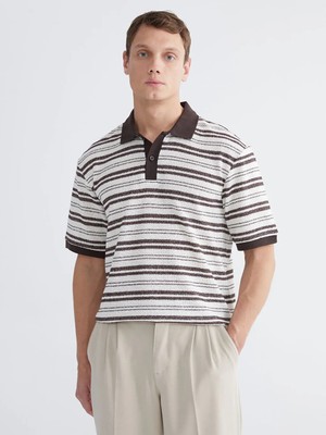LC Waikiki Kahverengi Polo Yaka Çizgili Penye Erkek Tişört