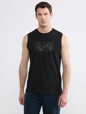 LC Waikiki Siyah Bisiklet Yaka Baskılı Penye Erkek Kolsuz Tişört