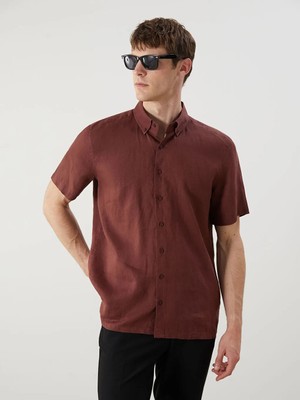 LC Waikiki Mürdüm Regular Fit Kısa Kollu Keten Erkek Gömlek