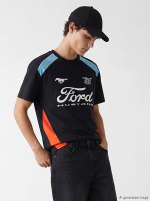 LC Waikiki Siyah Ford Baskılı Bisiklet Yaka Erkek Tişört