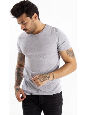 Rizzup Erkek/unisex Gri Slim Fit Dar Kesim Bisiklet Yaka Pamuklu Likralı Basic Tişört 1801131
