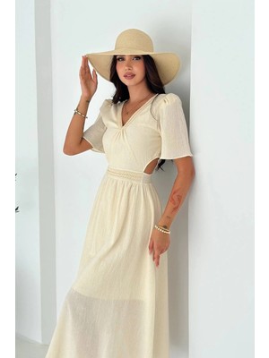 Fashion Cocktail Bel Pencereli V Yakalı Yırtmaçsız Nefes Alan Müslin Krinkıl Kumaş Tatil Natürel Bohem Yazlık Elbise