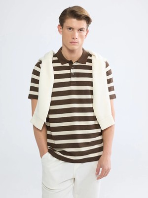 LC Waikiki Kahverengi Polo Yaka Çizgili Erkek Tişört