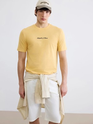 LC Waikiki Sarı Bisiklet Yaka Baskılı Penye Erkek Tişört