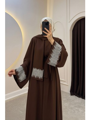 Molly Nelly Kadın Uzun Kolları Taş Detaylı Kuşaklı Krep Abaya