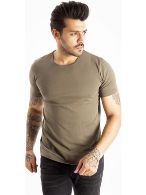 Rizzup Erkek/unisex Haki Slim Fit Dar Kesim Bisiklet Yaka Pamuklu Likralı Basic Tişört 1801131