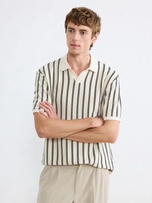 LC Waikiki Siyah Polo Yaka Çizgili Erkek Tişört