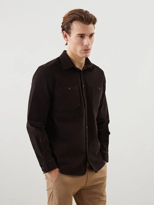 LC Waikiki Kahverengi Regular Fit Uzun Kollu Kadife Erkek Gömlek