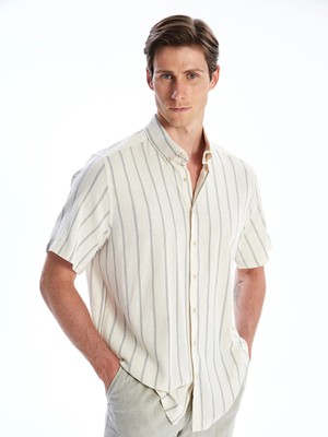 LC Waikiki Gri Regular Fit Kısa Kollu Çizgili Keten Görünümlü Erkek Gömlek