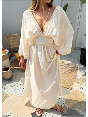 Fashion Cocktail Bel Vurgulu Yan Yırtmaçlı Kelebek Kesim Boho Doğal Ton Dantelli Fiyonklu Bağlamalı Bohem Uzun Elbise