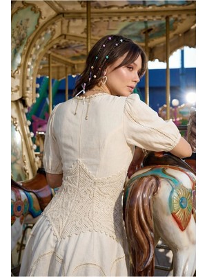 Fashion Cocktail Barok Stomacher Bel Dantel Korseli Güpürlü Balon Kol Korsaj Mini V Yaka Vintage Keten Elbise