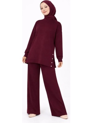 Veralya Osy Modal Yumuşak Dokulu Kumaş Modern Tesettür Takım Yandan Metal Çıtçıtlı Uzun Tunik Pantolon Set Salaş Kalıp