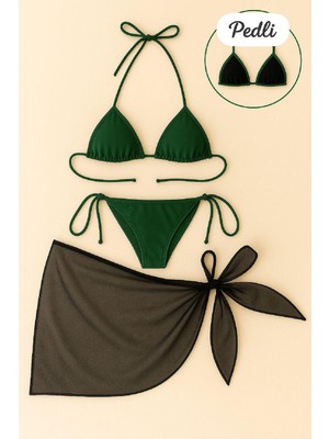 EkoAlışverişDünyam Kadın Yeşil Siyah Pareolu Yandan ve Boyundan Bağlamalı 3'lü Bikini Takımı