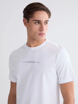 LC Waikiki Beyaz Bisiklet Yaka Baskılı Penye Erkek Tişört