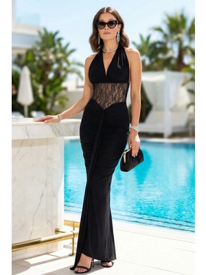 Fashion Cocktail Feminen Silüetli Beli Transparan Dantel Işlemeli Jarse Likralı Estetik Drapeli Uzun Davet Elbisesi