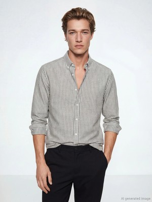 LC Waikiki Haki Regular Fit Çizgili Erkek Gömlek
