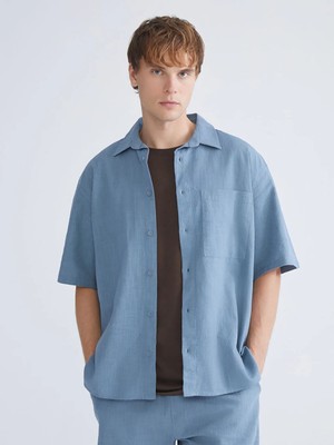 LC Waikiki Indigo Rahat Kalıp Kısa Kollu Keten Görünümlü Erkek Gömlek