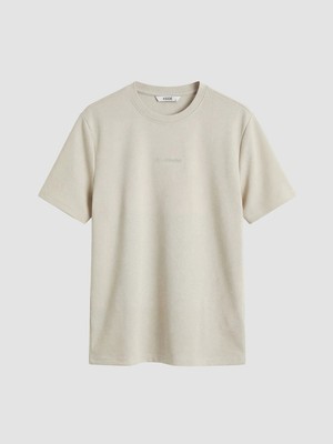 LC Waikiki Bej Bisiklet Yaka Nakışlı Erkek Tişört