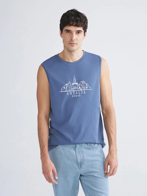 LC Waikiki Indigo Bisiklet Yaka Baskılı Erkek Kolsuz Tişört