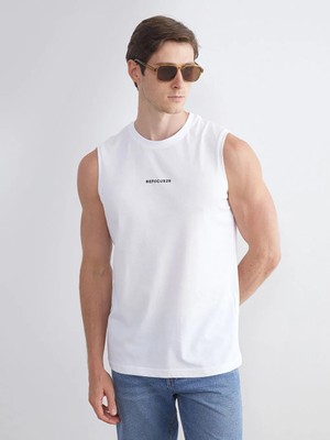 LC Waikiki Beyaz Bisiklet Yaka Baskılı Erkek Kolsuz Tişört